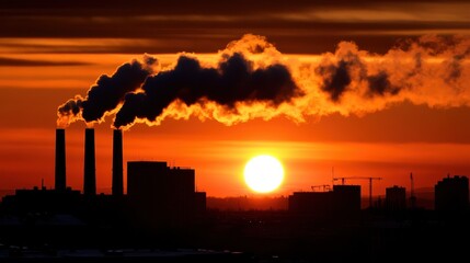 Industrial smokestacks emitting smoke against a vibrant sunset.