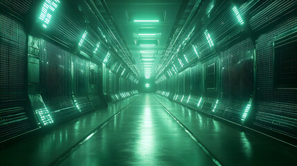 Futuristic Green Neon Corridor 3D Illustration