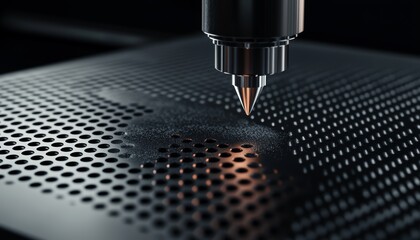 Close-up of an industrial robotic arm performing precise manufacturing tasks, handling a perforated metal plate, symbolizing accuracy and automation in modern engineering