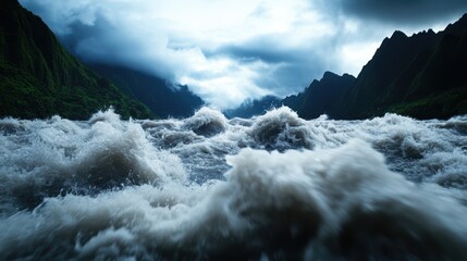 Obraz premium Raging river waves against a dramatic mountain backdrop under a stormy sky.