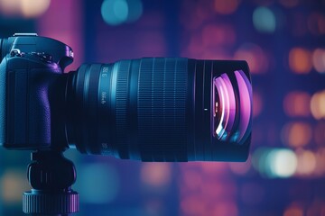 Detailed camera lens reflecting vivid colors, set against a soft-focus bokeh background, blending technology and creativity in visual storytelling