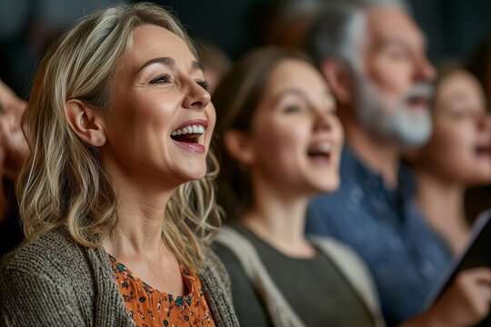 Group of seniors with singing together at choir rehearsal, Generative AI