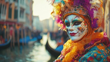 Vibrant Venetian Carnival Mask and Costume on Street in Venice Italy
