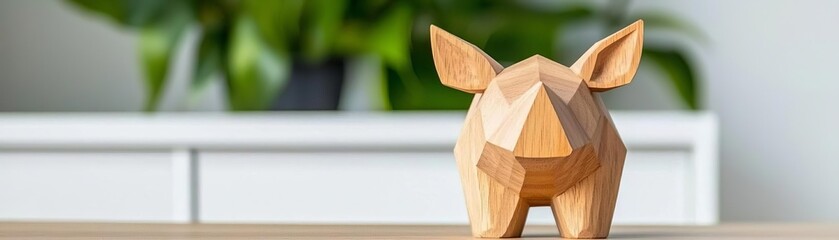 Handcrafted wooden statue of an animal, detailed artistry, placed in a modern interior, soft lighting, green plants in the background, rich and polished wood tones