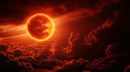 Stunning celestial scene with a vibrant red sun amidst dramatic clouds.