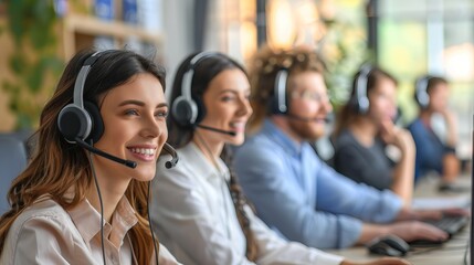 Cheerful group of customer service representatives wearing headsets in a modern office environment.