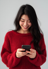 photo of a happy woman with short curly hair wearing a red sweater and grey jeans using her phone, woman with phone, woman holding a mobile phone