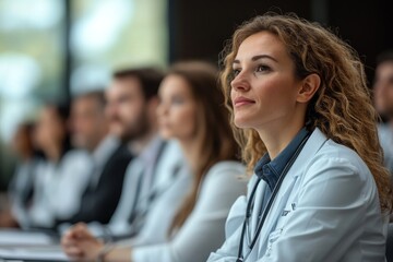 Group of doctors on conference, medical team sitting and listening speaker. Medical experts attending an education event, seminar in board room, Generative AI