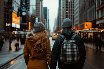 Fototapeta premium A couple holding hands as they walk in the rain on a bustling city street, capturing a moment of romance amid the urban evening hustle and vibrant lights.