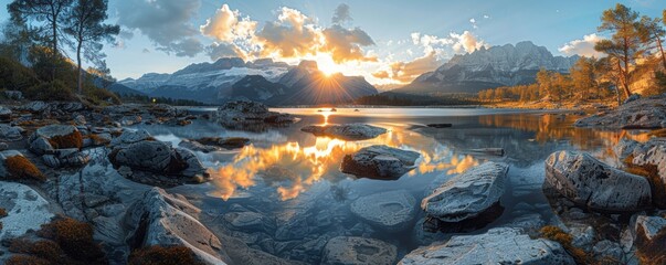 Magnificent sunrise over a serene mountain lake with reflections of snow-capped peaks and vibrant clouds creating a picturesque and tranquil scene