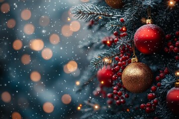 Christmas tree with red and golden baubles and lights bokeh background. Space for text. Copy space. Greeting card.