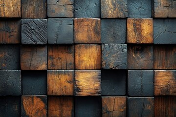 A wall made of wood blocks with a brown and black color scheme