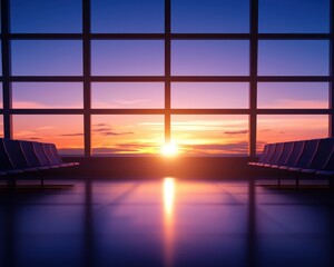 Fototapeta premium Airport interior with sunset view through large windows.