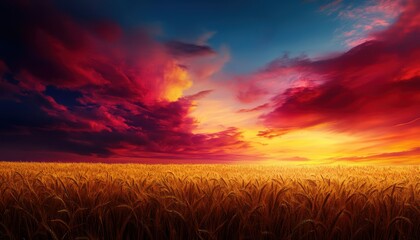 Obraz premium Vibrant sunset over golden wheat field with dramatic clouds.