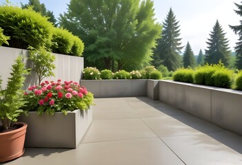 Obraz premium A concrete patio with flower boxes , overlooking a lush green garden with trees and shrubs in the background