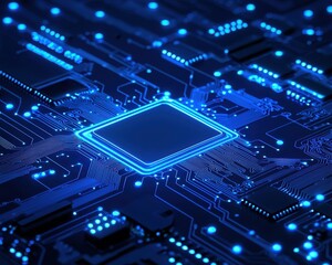 Fototapeta premium Close-up of a blue illuminated microchip on a circuit board.