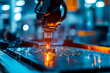 Robotic arm delicately positioning a component on a perforated sheet, capturing the precision and efficiency of automated industrial processes