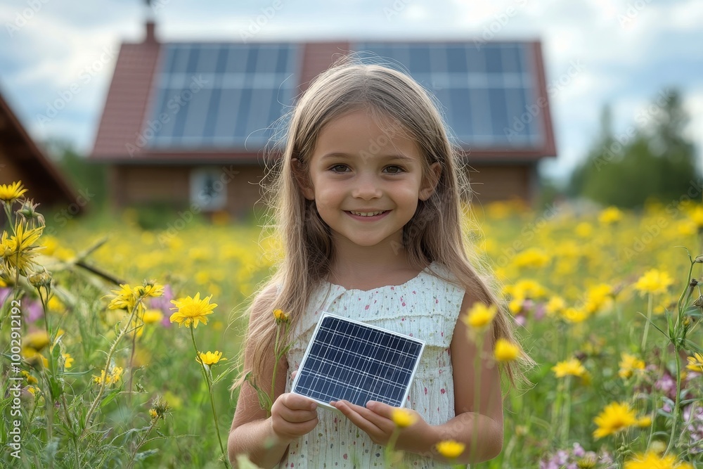 Wall mural little girl with model of solar panel, standing in the middle of meadow, house with solar panels beh