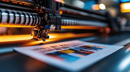 Close-up of a printer head working on a colorful printed sheet in a modern workshop.