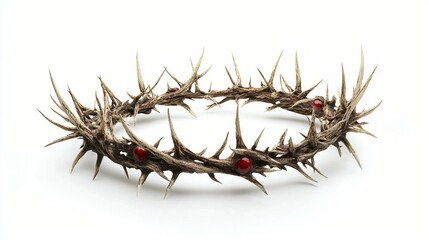 Fototapeta premium Crown of thorns with red droplets symbolizing blood, isolated on white background. Religious icon representing sacrifice and suffering in Christianity.