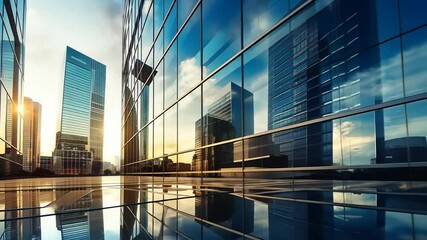 office building or business center. window buildings made of glass reflect the clouds and the sunset. empty street outside  wall modernity civilization, commercial, skyscraper, architecture