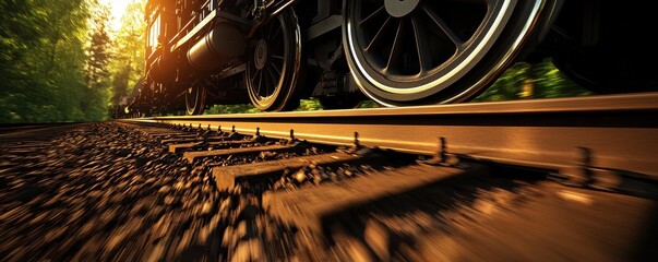 Close-up of train wheels on tracks at sunset, showcasing movement and nature.
