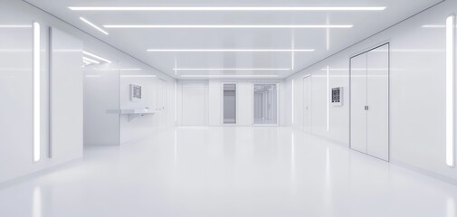 Fototapeta premium Sterile cleanroom environment with futuristic manufacturing equipment, illuminated by bright white lights, symbolizing cutting-edge tech and precision engineering