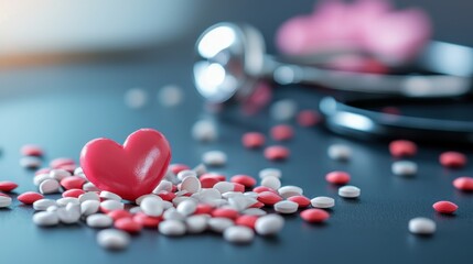 Colorful heart-shaped candies scattered around a stethoscope on a dark surface.