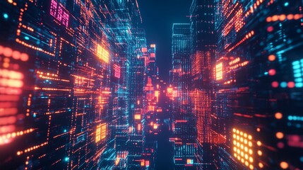 Futuristic digital cityscape illuminated by neon lights and data streams, showcasing a vibrant network of interconnected skyscrapers in a cyberpunk-inspired virtual realm.