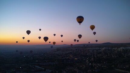 Vibrant Hot Air Balloons Soaring Over Stunning Sunset Landscape in Tranquil Atmosphere