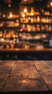 Rustic wooden bar counter in foreground, blurred warm-lit shelves of liquor bottles behind, creating inviting ambiance of cozy pub or restaurant at night.