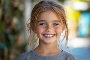 Portrait of cute girl smiling with gap-toothed grin, missing her baby teeth, Generative AI