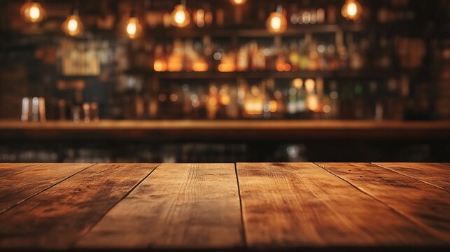 Rustic wooden bar counter in foreground, with blurred warm-lit shelves of liquor bottles behind, creating an inviting ambiance in a cozy pub or tavern setting.