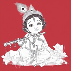 Fototapeta premium lord Krishna illustration with line drawing on red color