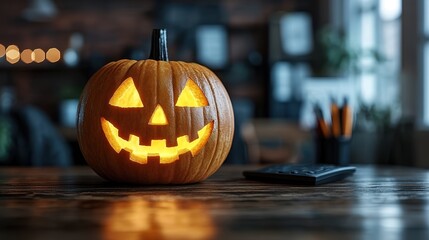 A beautifully carved Halloween pumpkin with a glowing, warm light inside sitting on a wooden table, creating a cozy and festive atmosphere in a dimly lit room