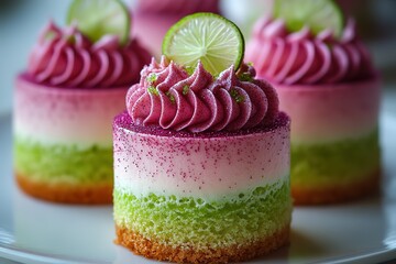 Three small cakes with pink frosting and green and purple sprinkles