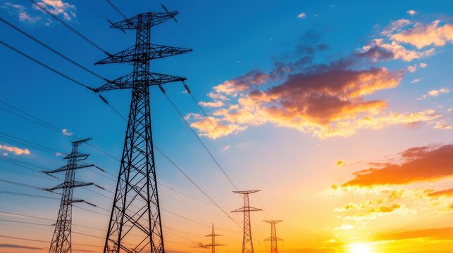 Electricity pylons against a vibrant sunset sky, showcasing power lines.