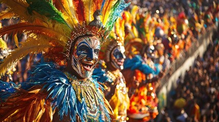 Vibrant and Colorful Brazilian Carnival with Feathered Costumes and Energetic Dance
