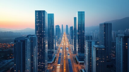 Obraz premium Stunning skyline view showcasing modern skyscrapers and a busy road at sunset, perfect for urban lifestyle and architecture themes.