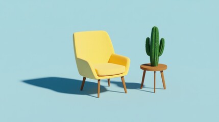 Fototapeta premium Bright and inviting living room featuring a yellow armchair, green plant, and minimalist decor on a sunny day