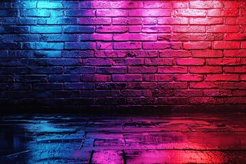 Brick wall with blue and pink neon lights reflecting on the wet floor.