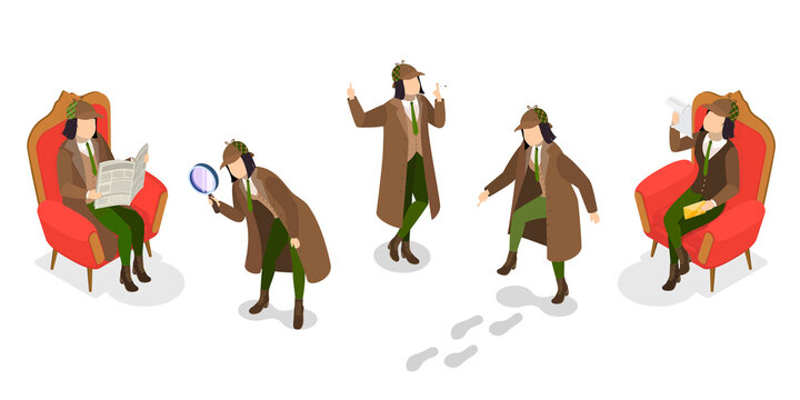 3D Isometric Flat  Set of Funny Detective Characters, Investigating Agency