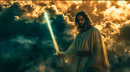 esus holding a radiant sword, calling people for battle, standing tall with a fierce yet compassionate expression. The sword shines with divine light, and He stands amidst a backdrop of rolling clouds