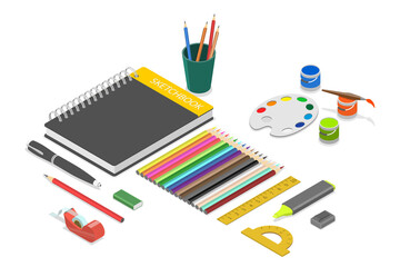 3D Isometric Flat  Set of Various Sketching Tools, Art Supplies