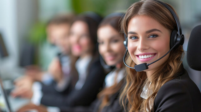 Smiling customer service representative in a modern office, showcasing teamwork and professional communication skills.