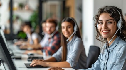 Smiling customer service representative working in an office with headsets, providing support and assistance to clients.
