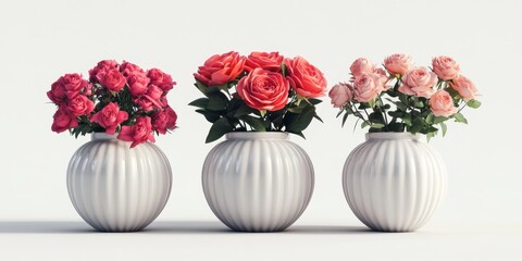 Collection of 3 beautiful flowers in isolated ceramic jars on a white background. 3D rendering.