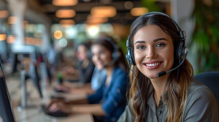 Smiling woman in headset at call center, offering customer service support with focused colleagues in the background.