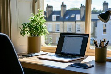 Fototapeta premium Minimalist workspace with mindfulness tools such as a journal, meditation app, and calming decor.