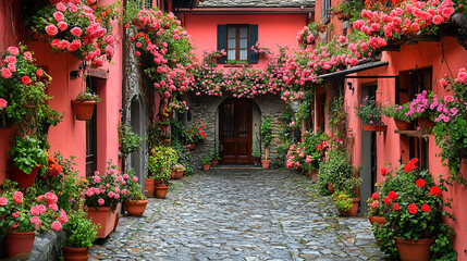 Beautiful Italian street of old village in mountains. Façades decorated with flowers and pots